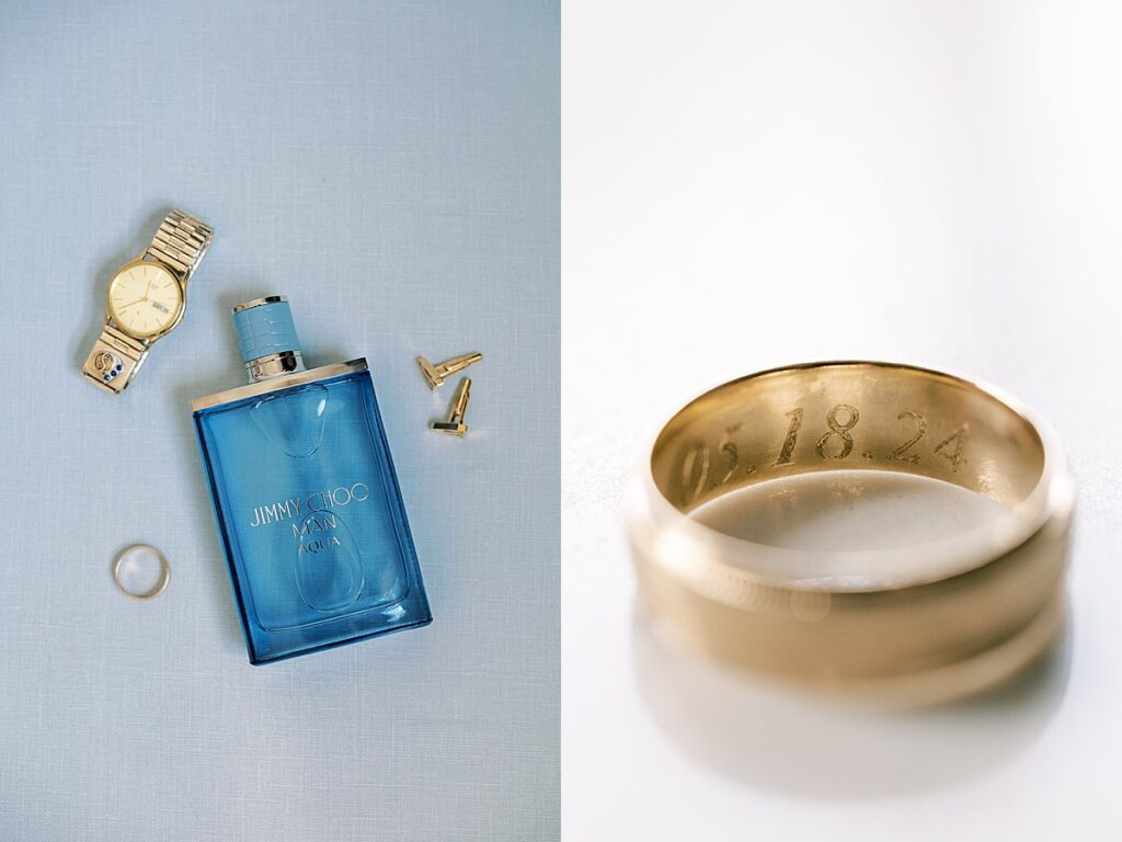 Jimmy Choo cologne and gold wedding ring on blue background