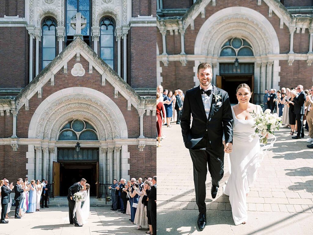 Couple exits church after wedding