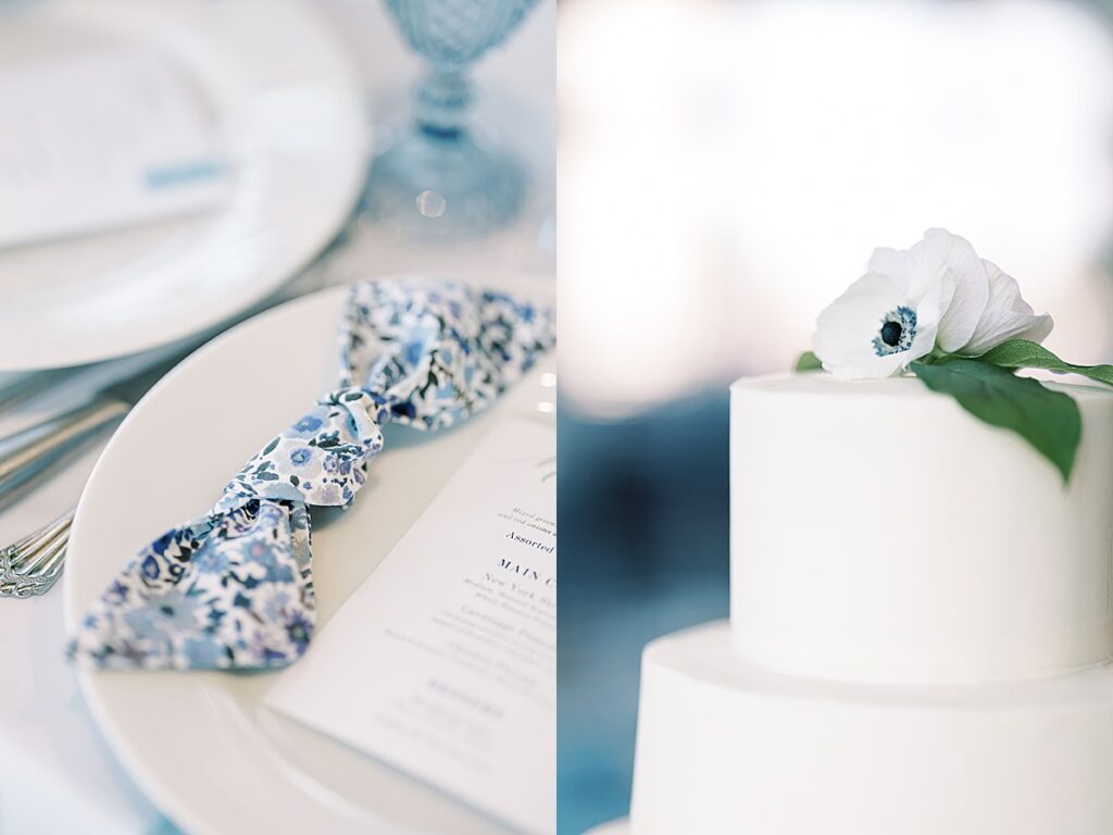 Blue and white napkin and wedding cake