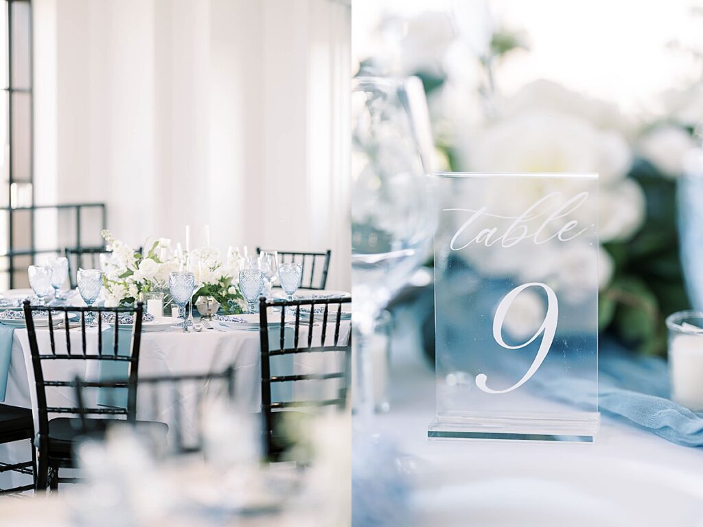 Blue and white wedding table decor