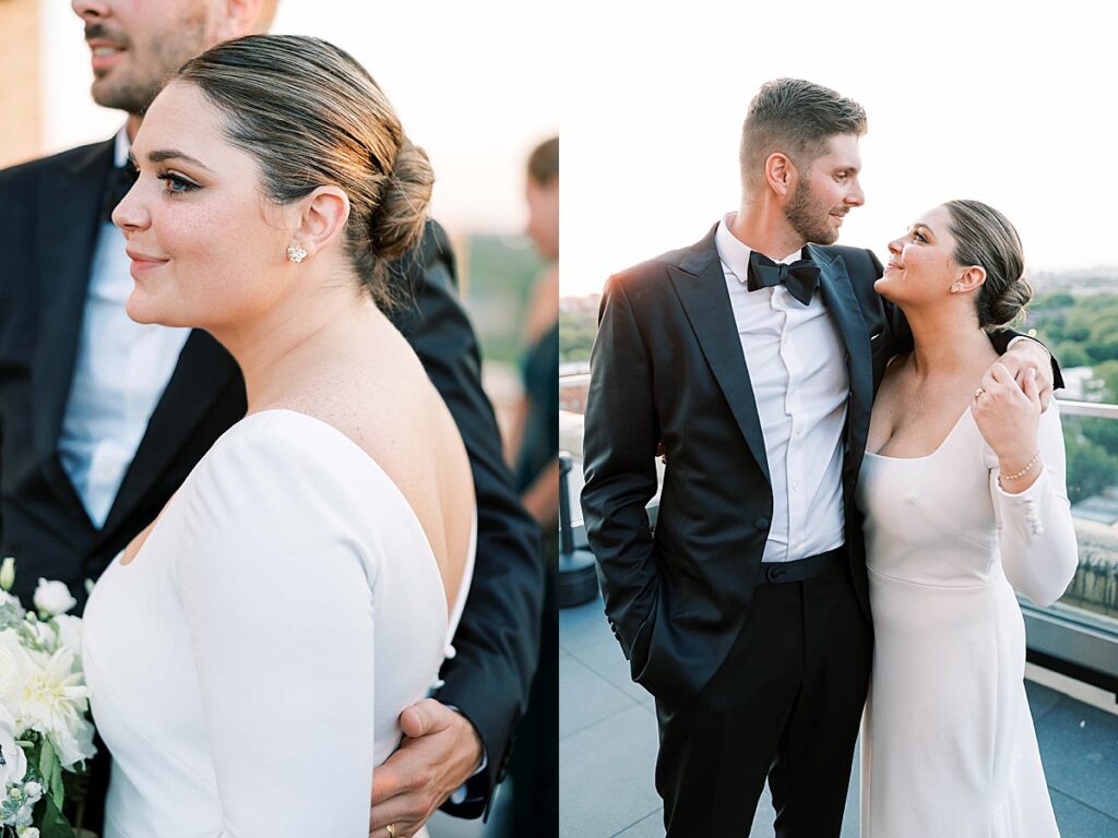 Bride and groom take pictures on balcony