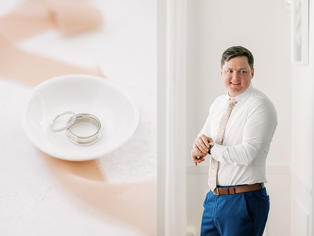 Tacori wedding rings and groom putting on watch