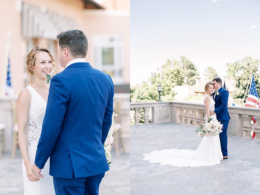 Bride smiling at her groom on large balcony