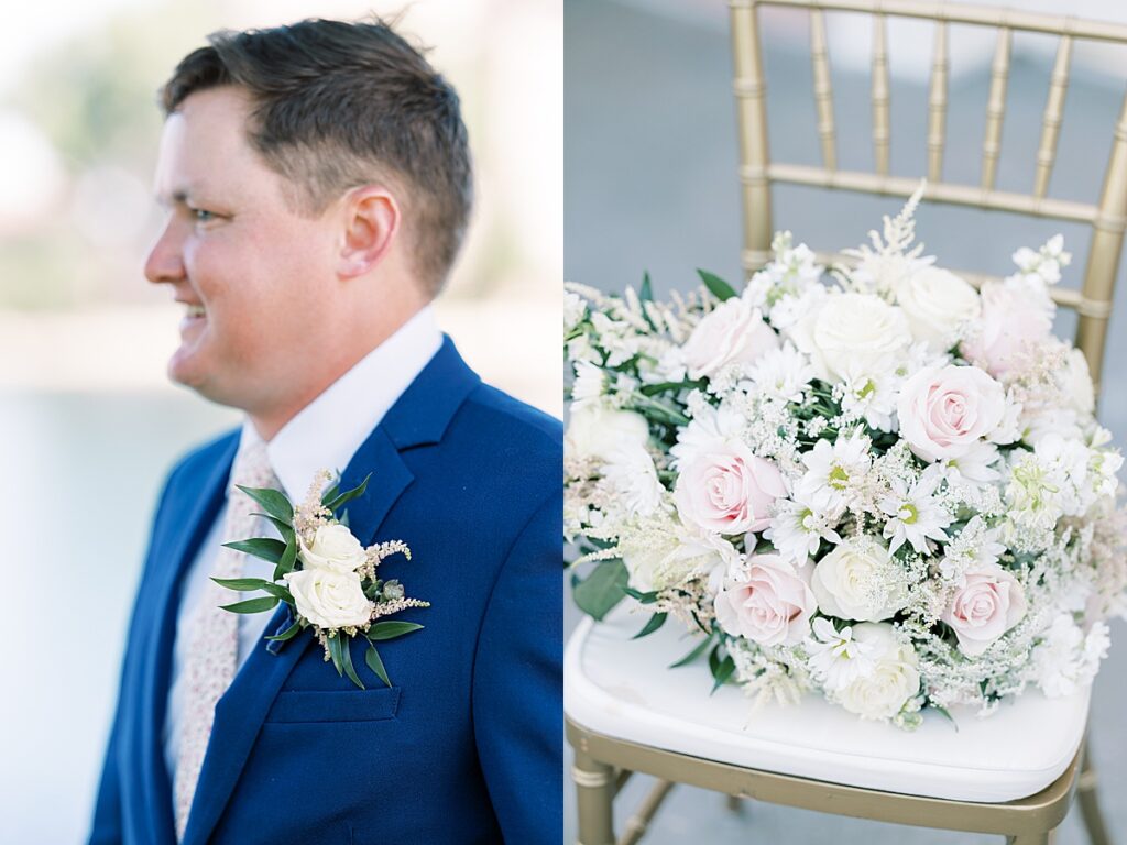 Groom with blue suit and a pink and white boutonniere 