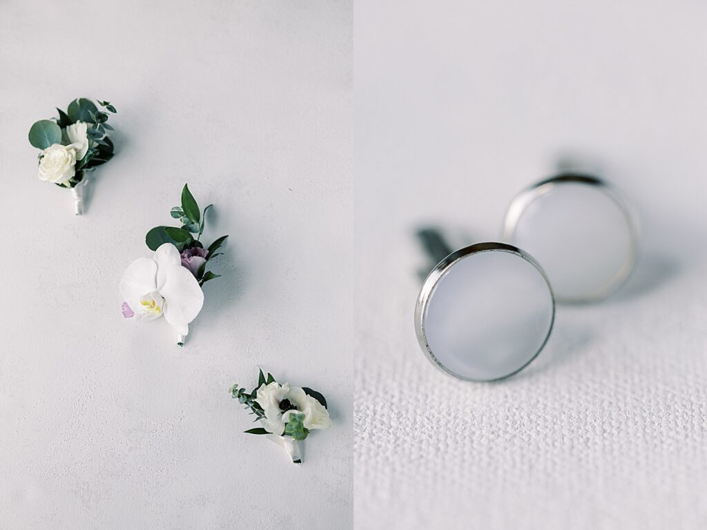 White cufflinks and boutonniere 