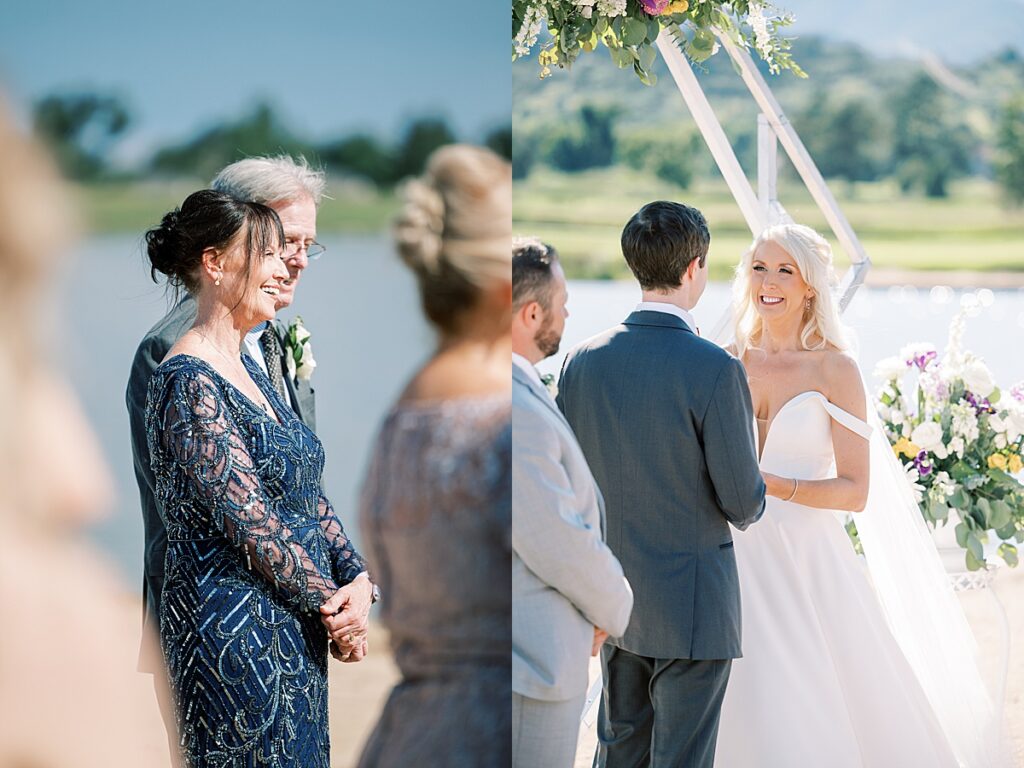 Woman in blue dress smiling at wedding ceremony