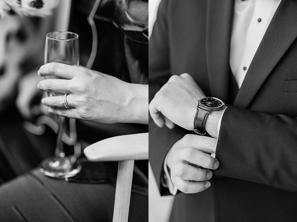 Black and white photo of groom wearing watch