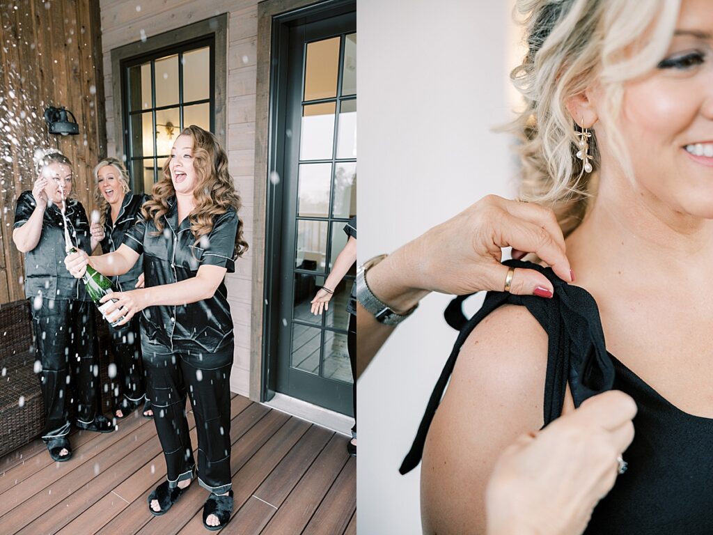 Bride popping champagne at Estes Park wedding venue