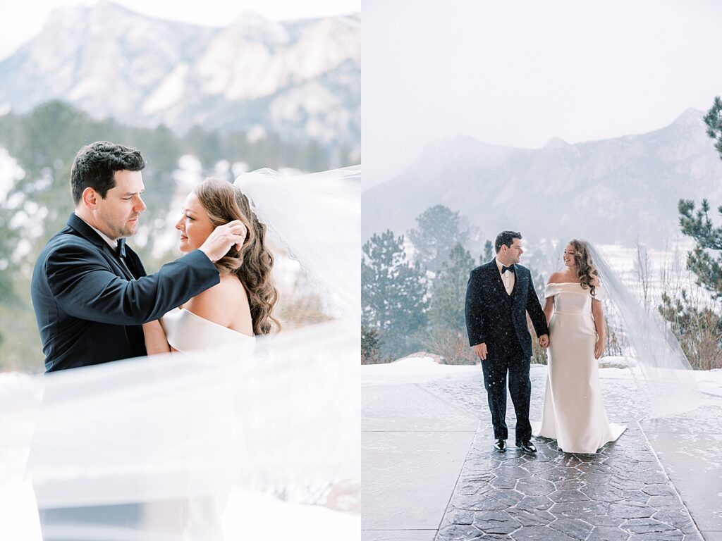 Picture of groom fixing bride's hair during wedding photos