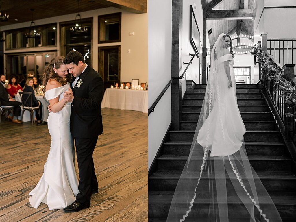 Bride and groom sharing their first dance while their family looks on behind