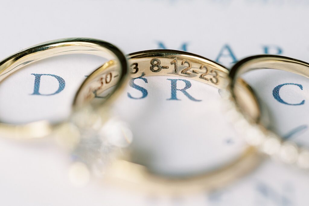 Up close picture of wedding rings with date inscription 