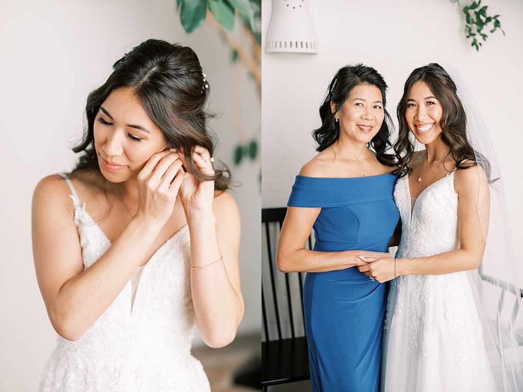 Bride putting in earring on wedding day