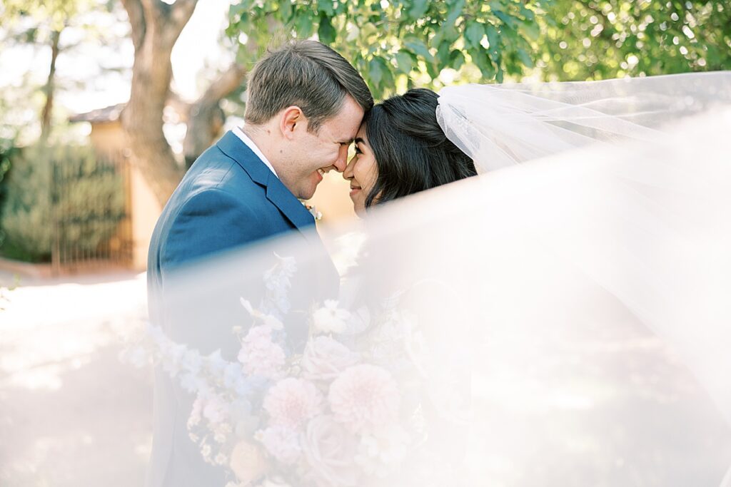 Veil blowing over bride and groom as they touch foreheads