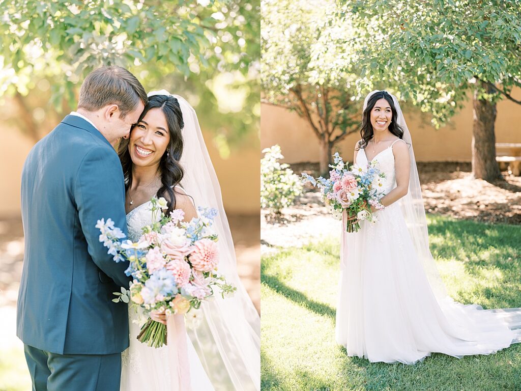 Bridal portrait in white dress with pink and blue flowers