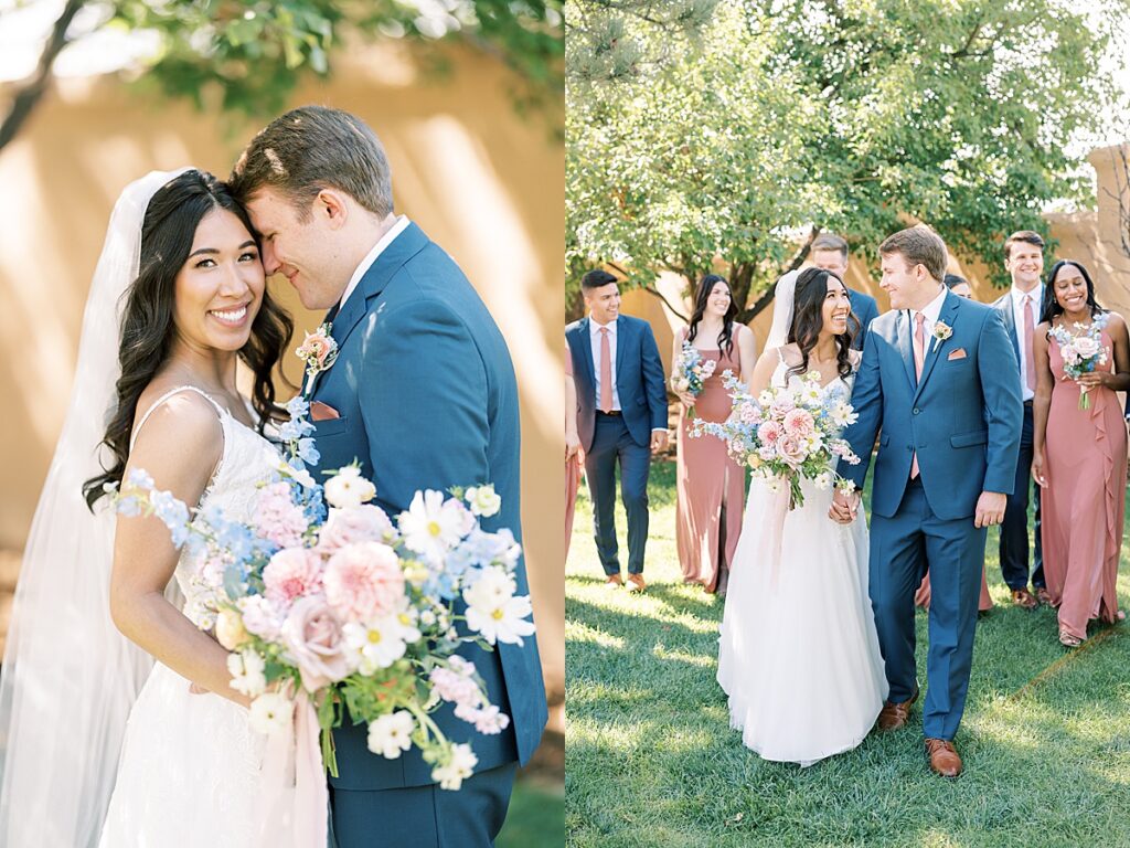 Bride and groom walking hand in hand with their wedding party