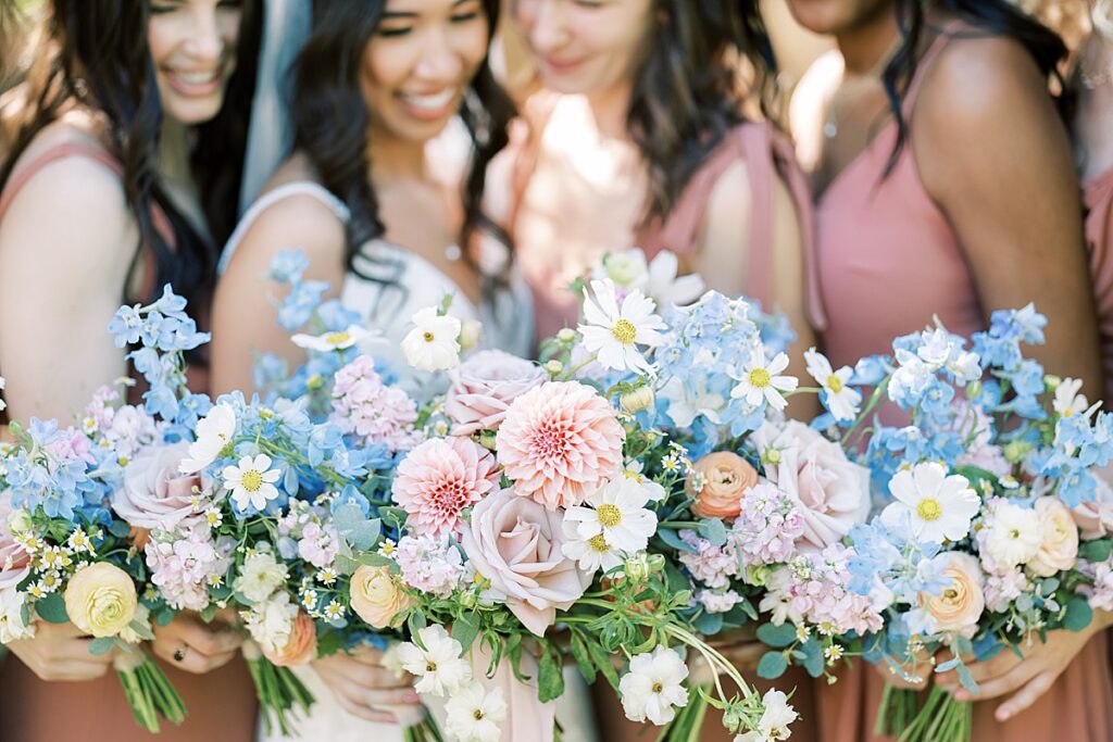 Pink and blue wedding party bouquets