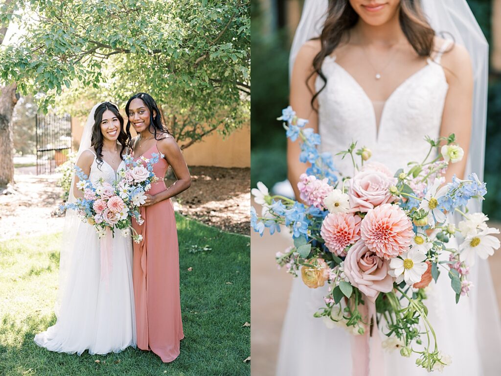 Bride posing with bridesmaid in salmon dress