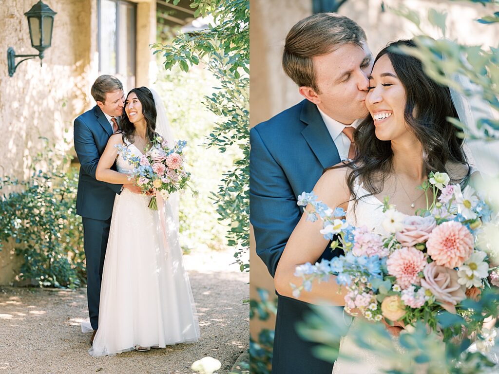 Bride and groom standing near bush