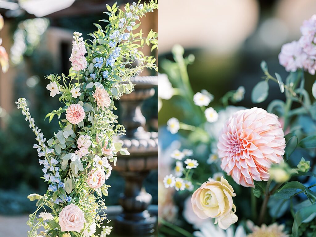 Up close photos of pink flowers in wedding ceremony