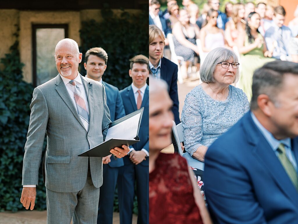 Wedding officiant in gray suit and pink tie smiling