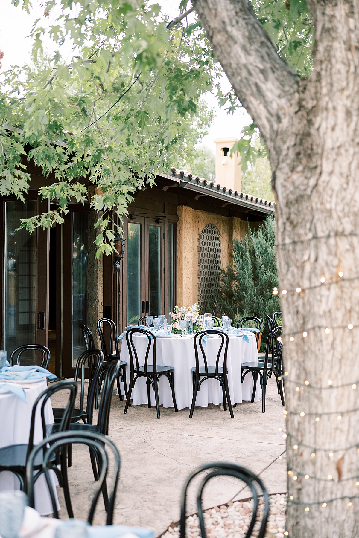 Outdoor wedding reception with dark chairs