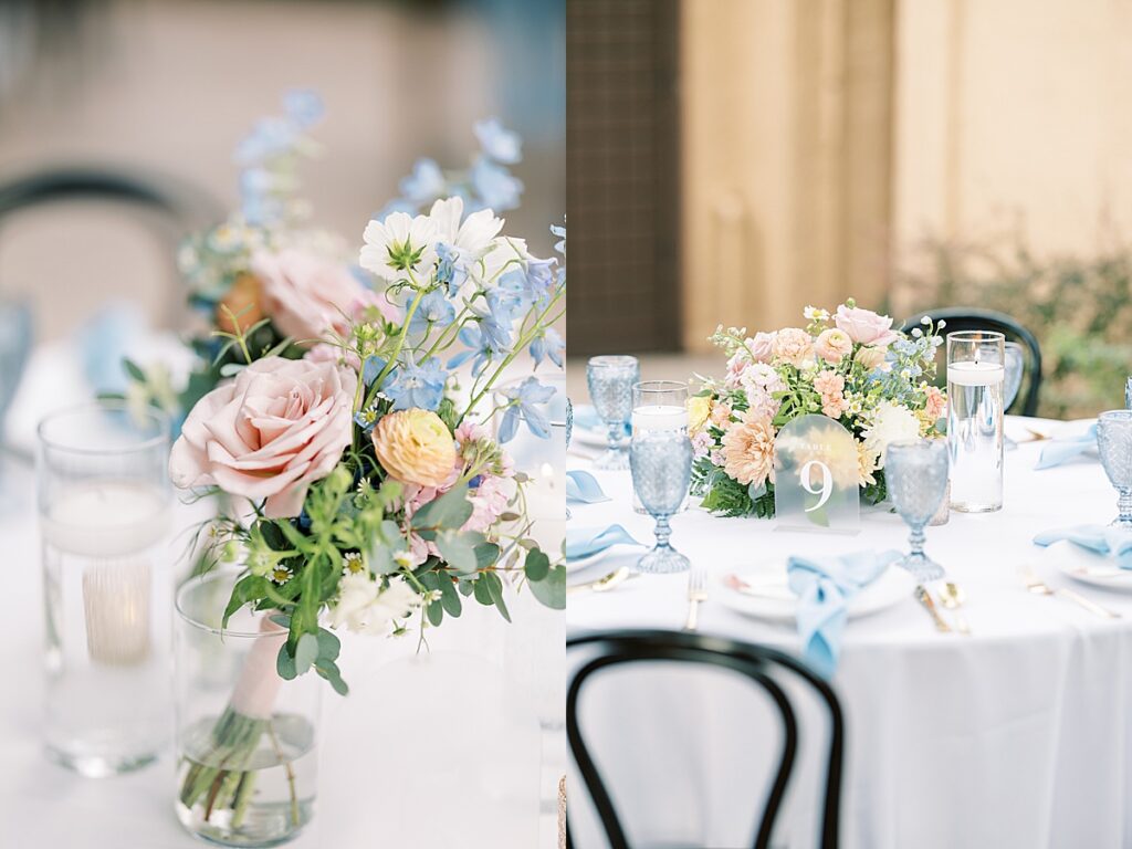 Pink and blue flowers in a bud vase for wedding reception