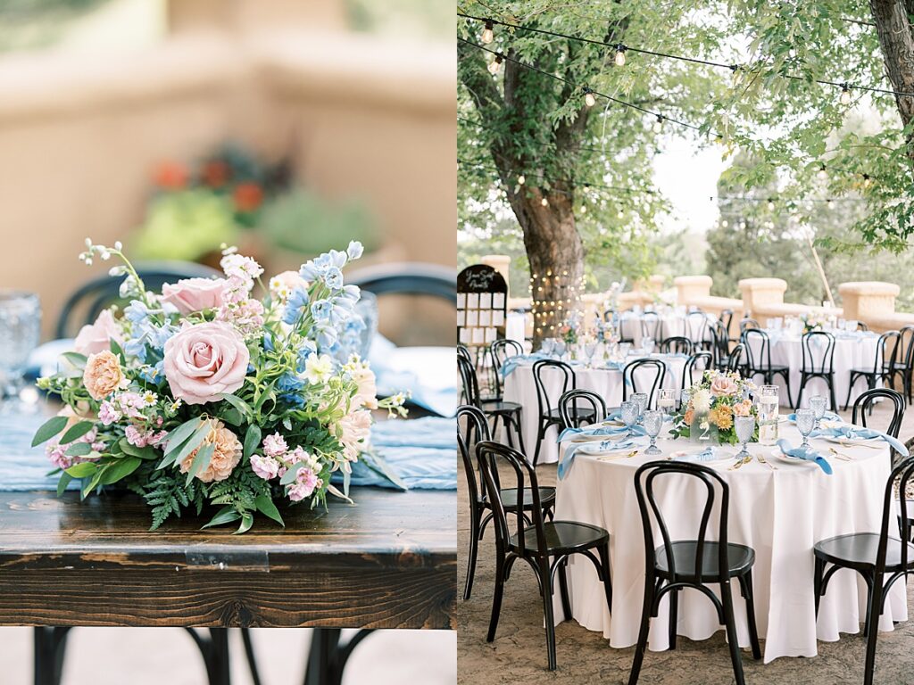 Pink, blue and yellow flowers on sweetheart table