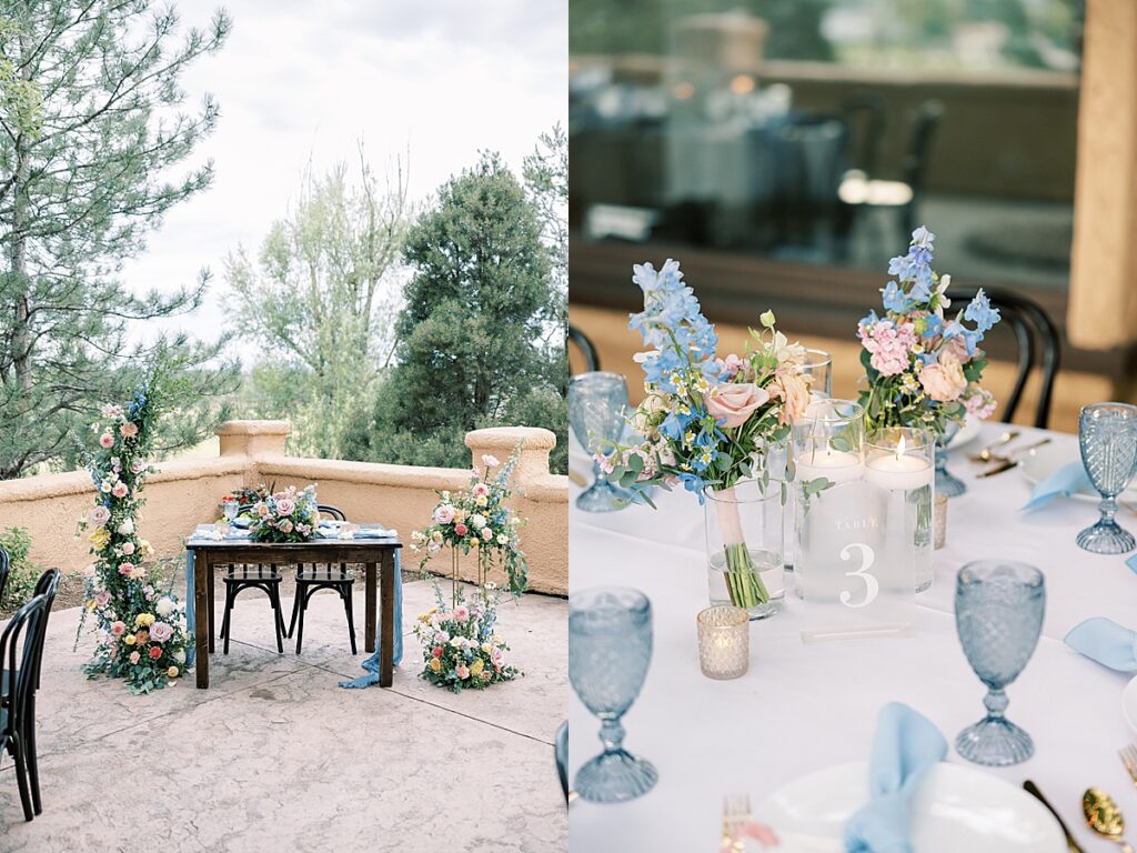 Sweetheart table surrounded by pink, blue and yellow flowers