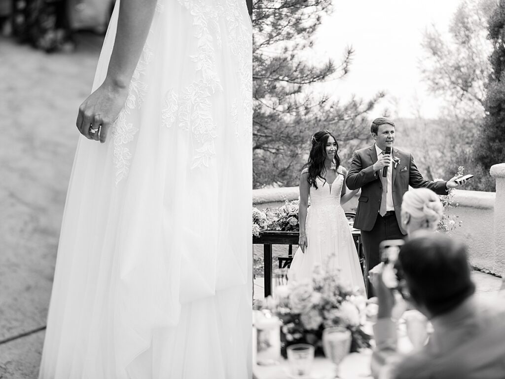 Black and white image of woman holding her dress with wedding ring