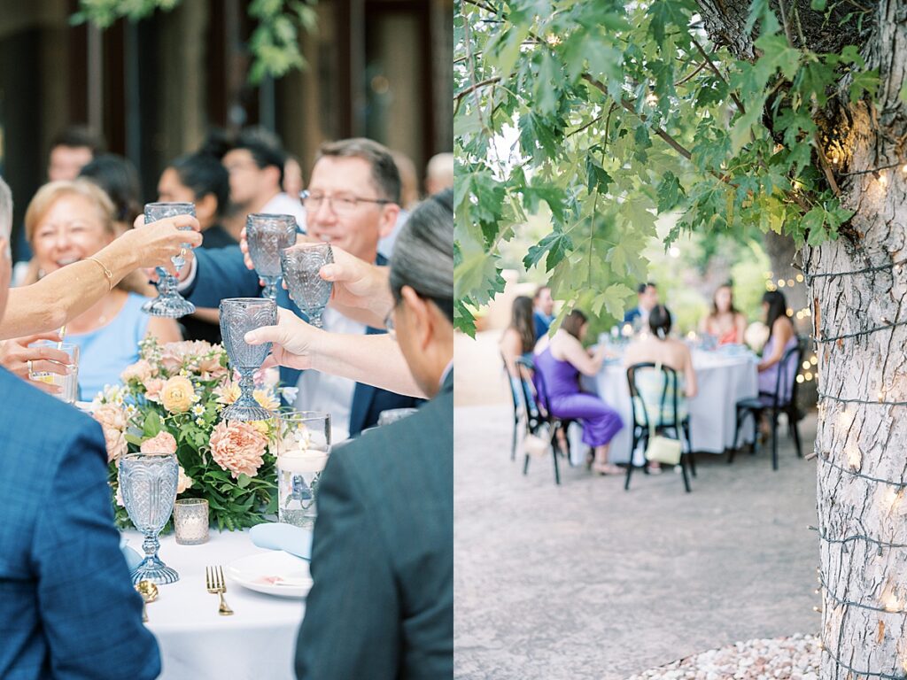 Guests cheer with blue cups at outdoor wedding reception