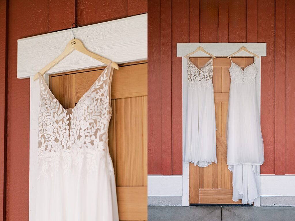 Brides wedding dresses hanging from door