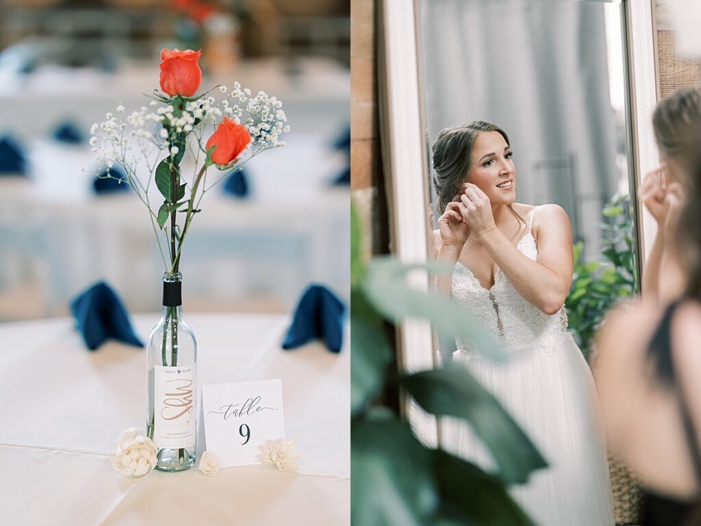 Bride getting ready for her wedding and putting in an earring while looking in a mirror