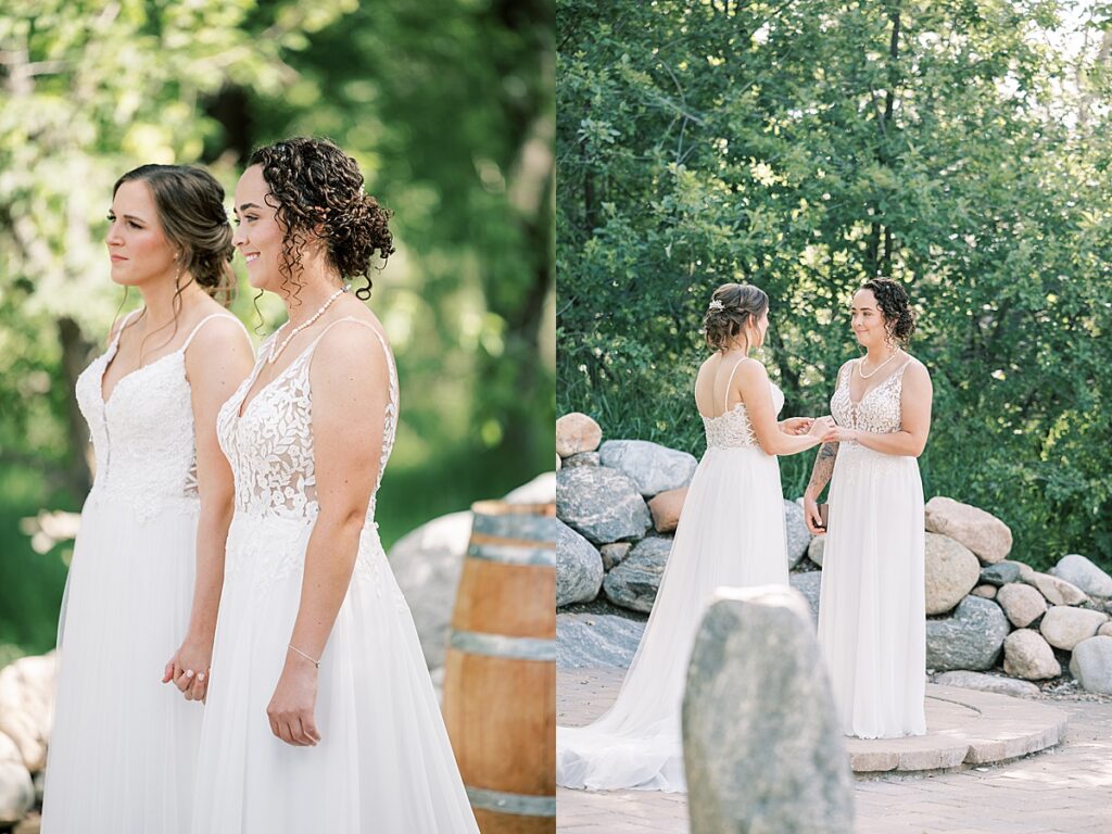 Two brides standing at wedding ceremony