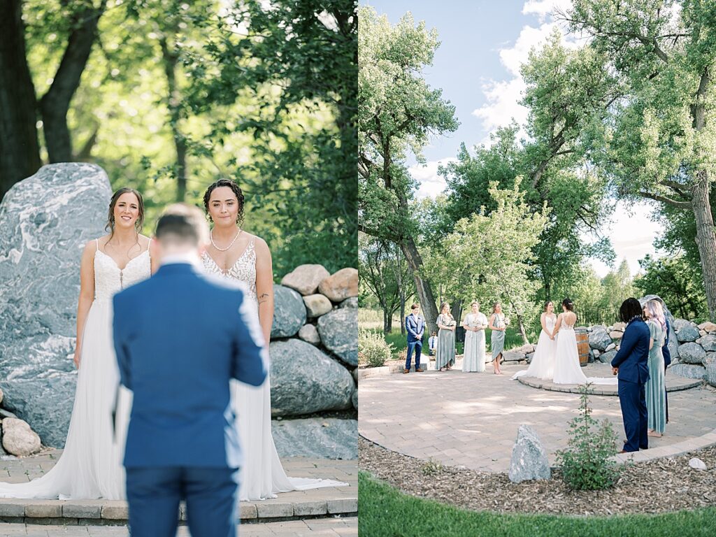 Brides standing and looking at wedding officiant in the aisle