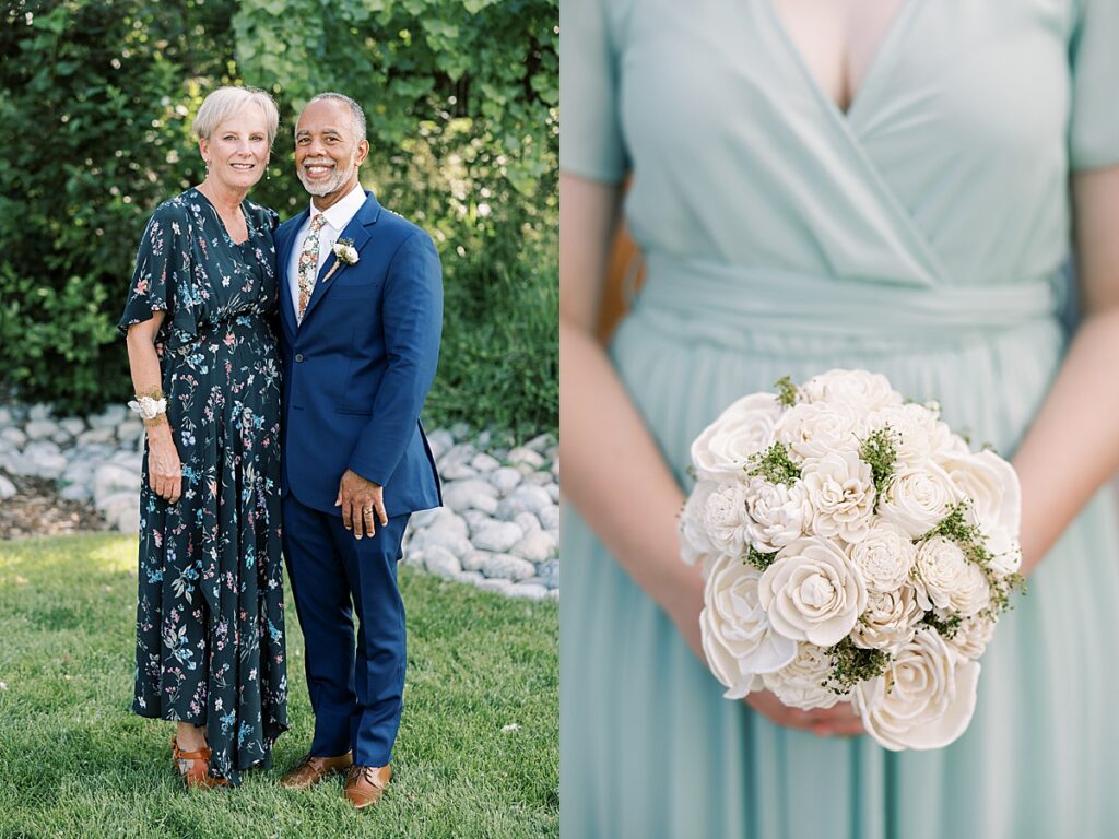 Woman holding wooden flowers in front of blue bridesmaid dress