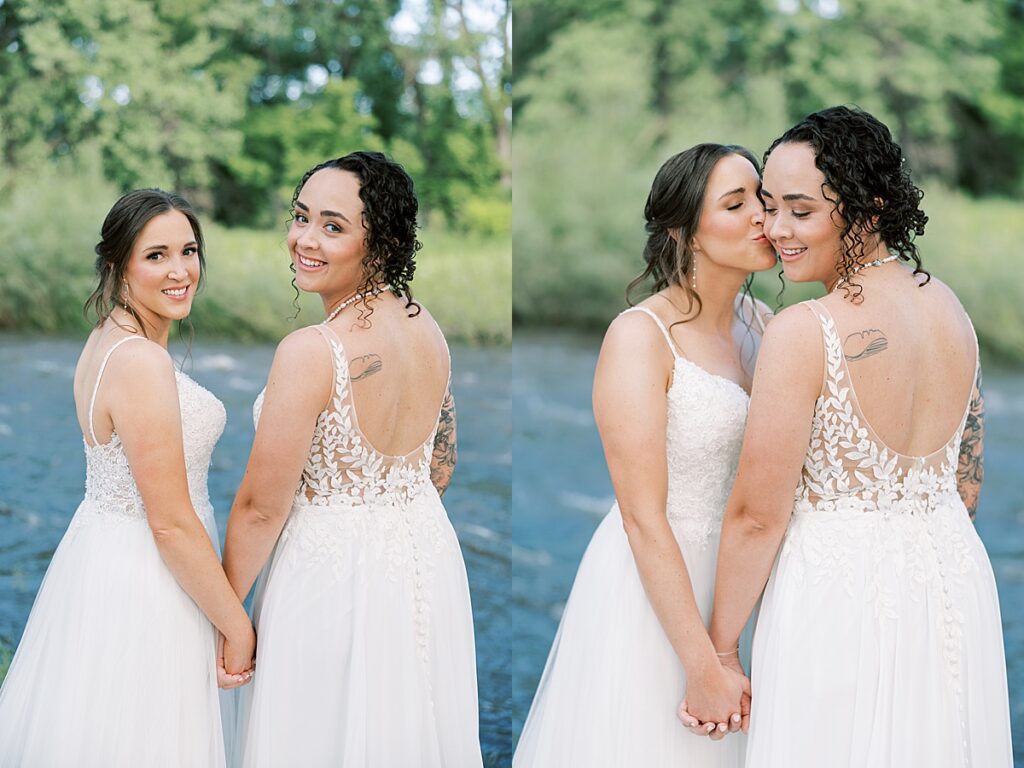 Two brides looking over their shoulders at camera