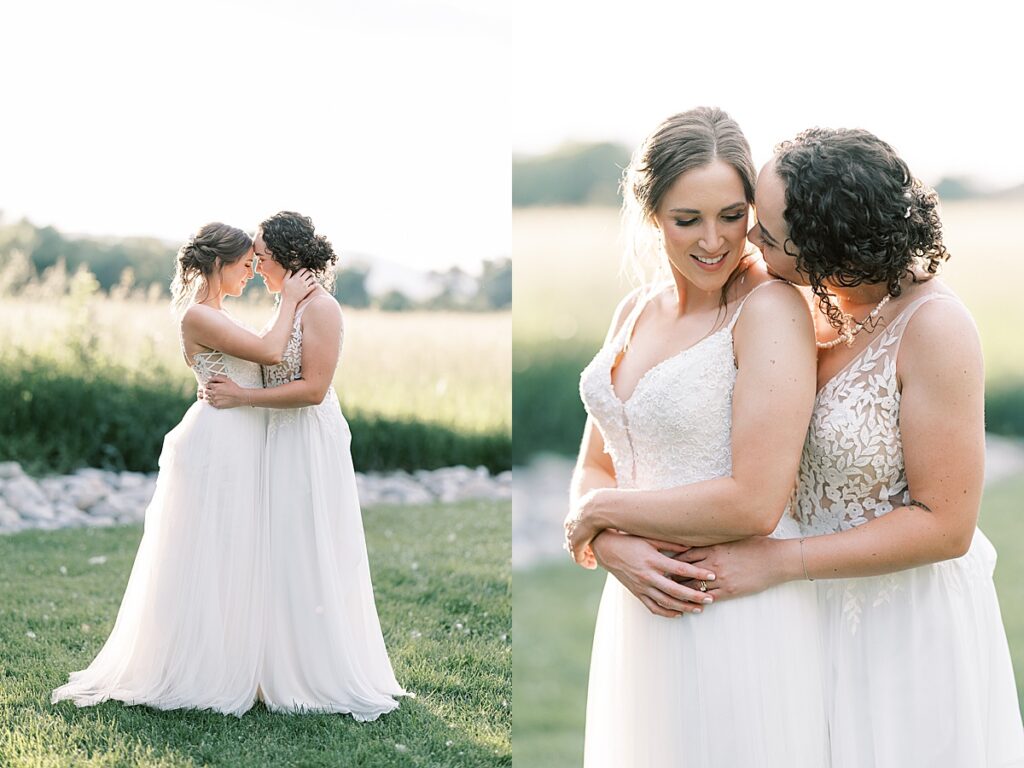 Woman kissing woman on the cheek in wedding dress