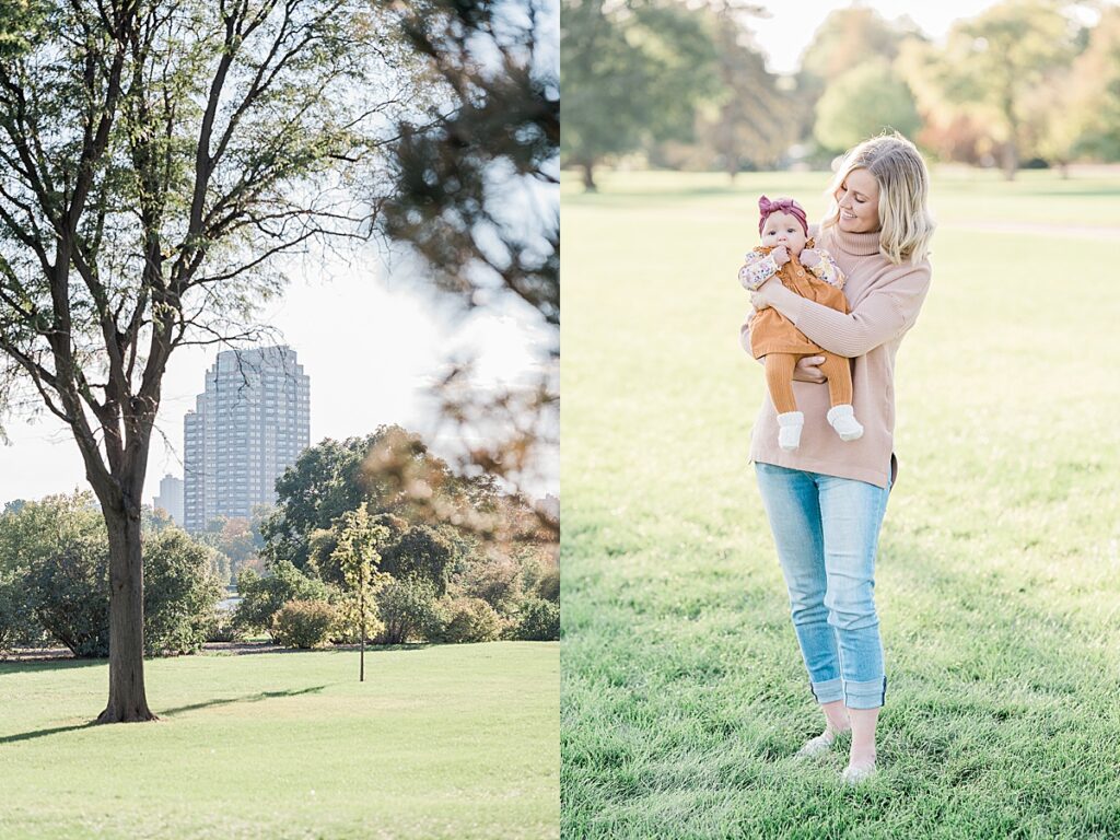 Woman in pink sweater and light blue jeans holding baby