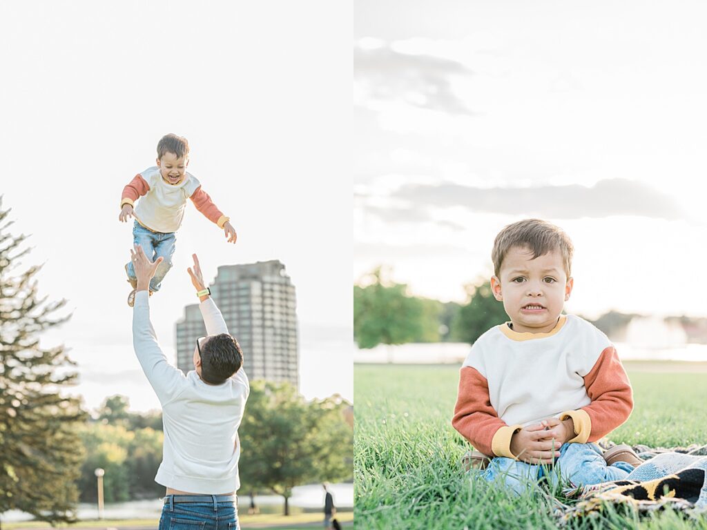 Young boy being thrown in the air by a man in white sweater