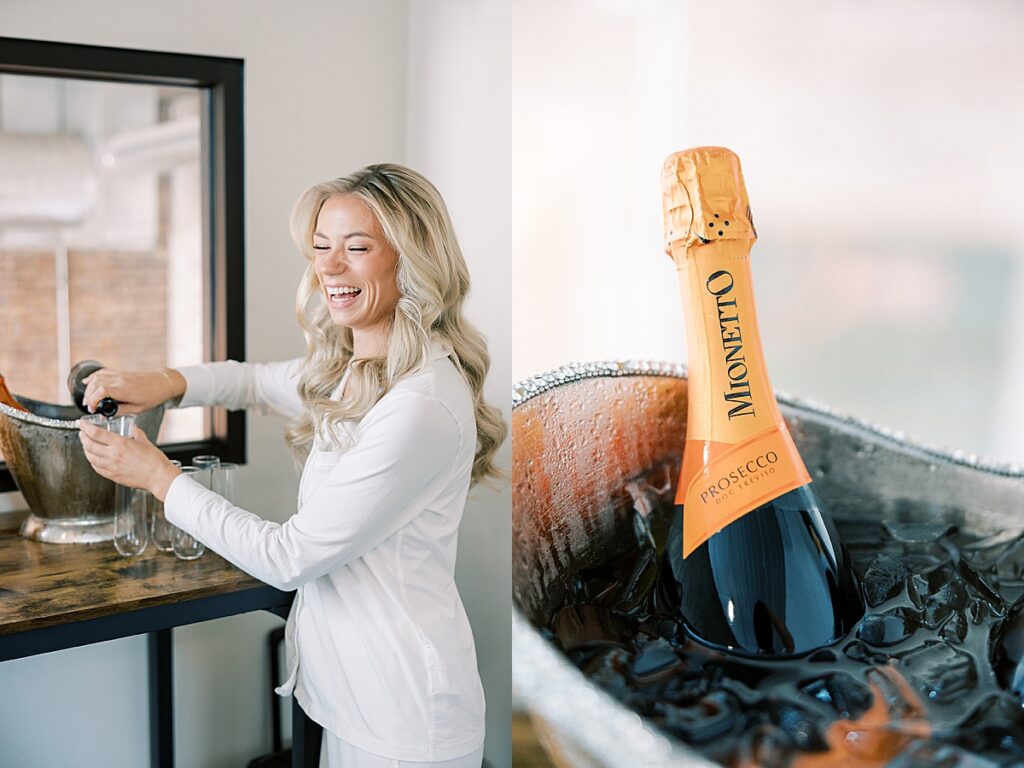 Bride with long blonde hair laughing while opening champagne