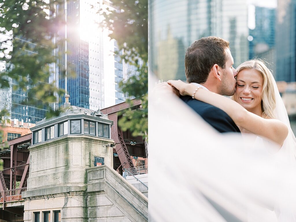 Veil covering half the picture while groom kisses bride in the background