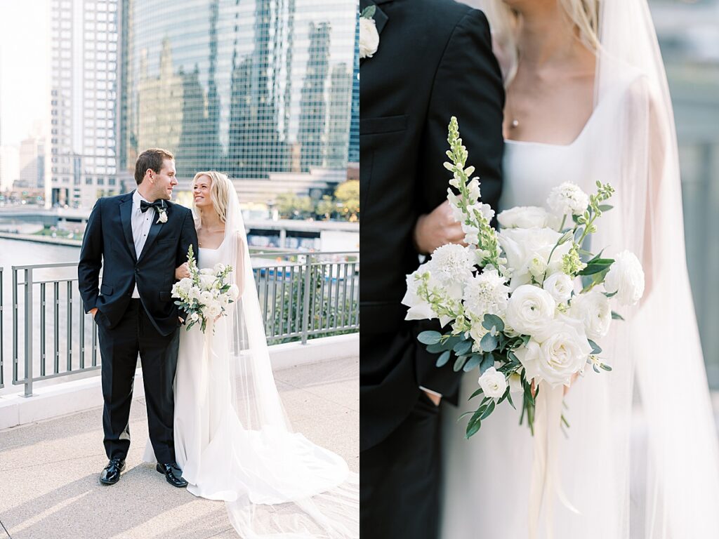 Couple posing in front of the Chicago river