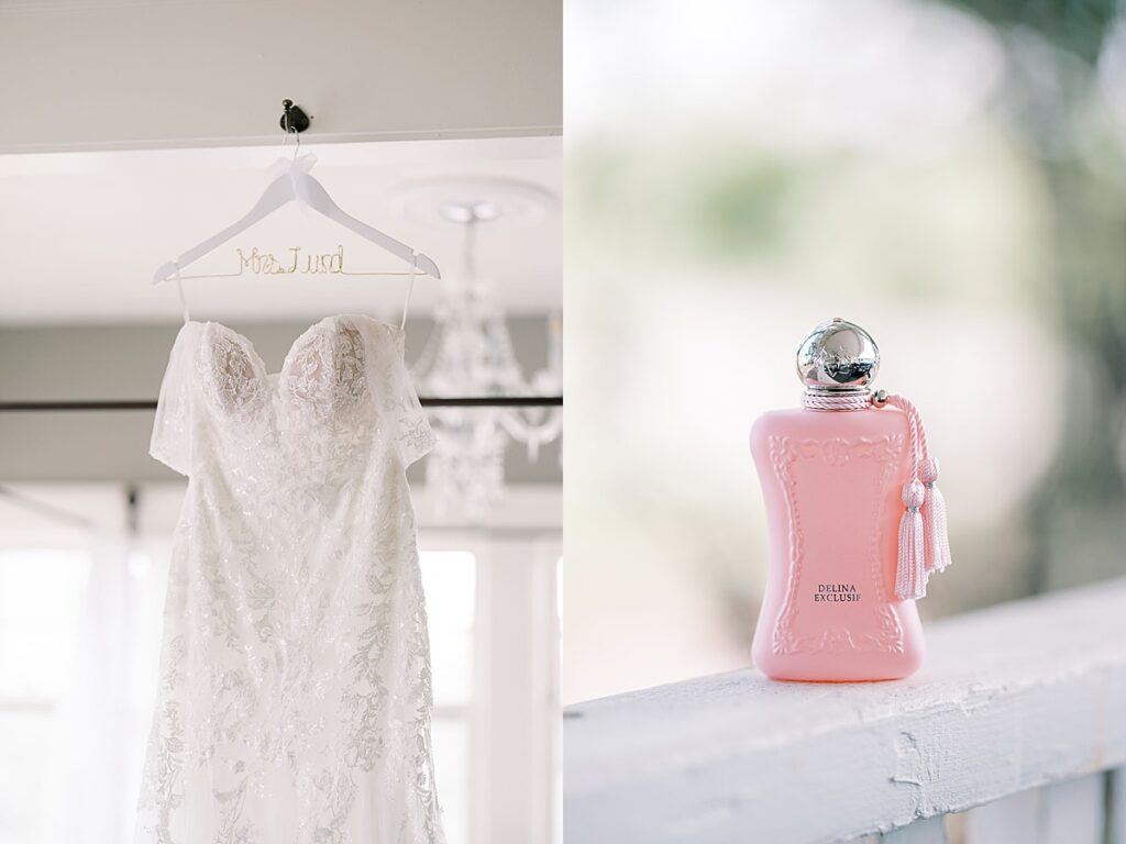 Wedding dress hanging on white hanger