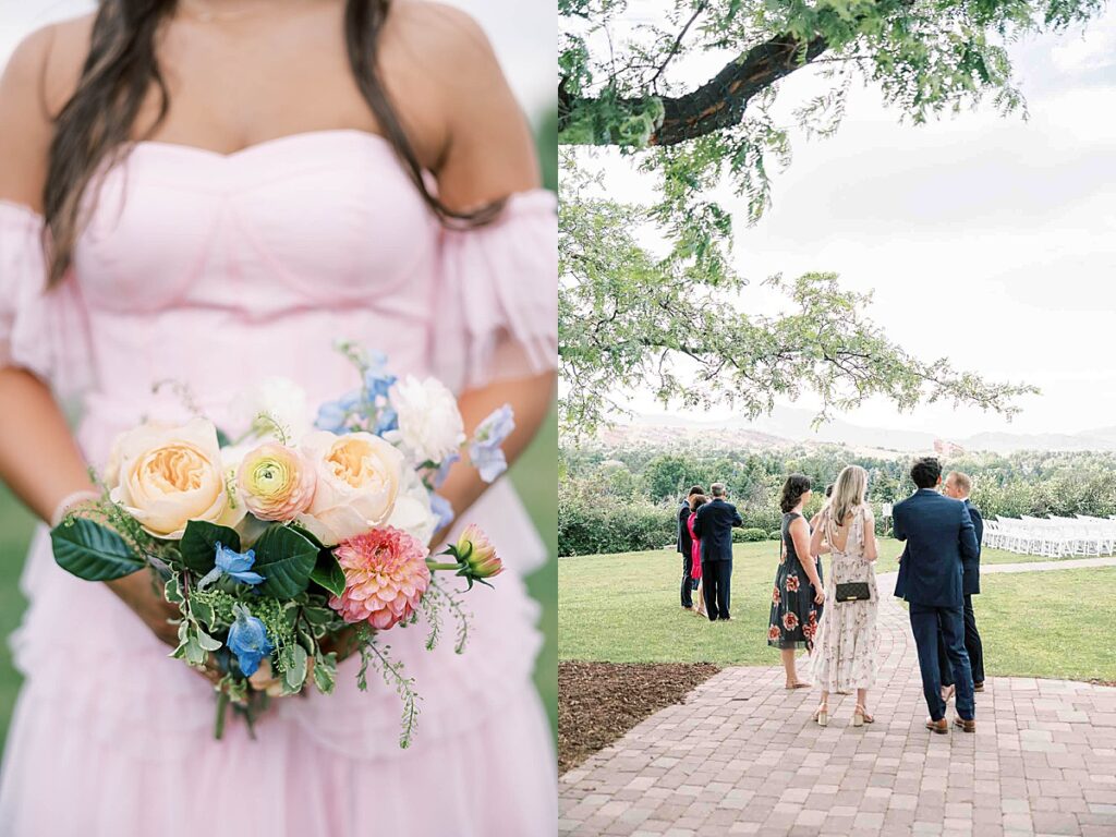 Bridesmaid flowers in front of pink dress